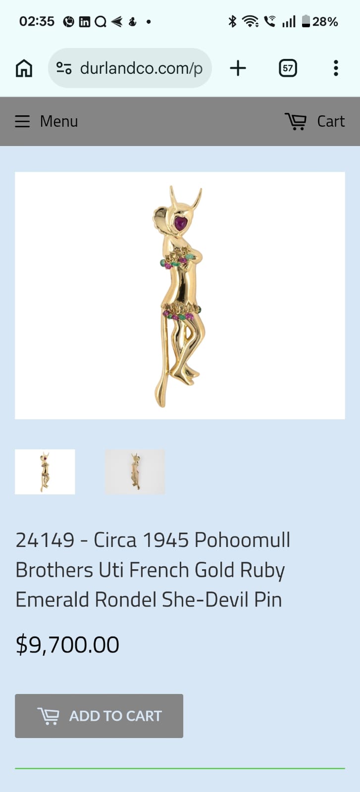 1945 gold ruby emerald pin, $9,700