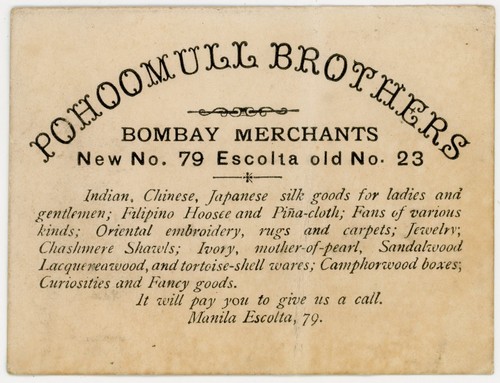Pohoomull Brothers business card, Manila Escolta