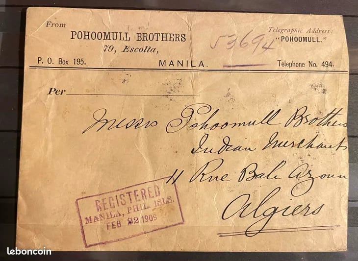 Registered letter from Manila to Algiers, 1909